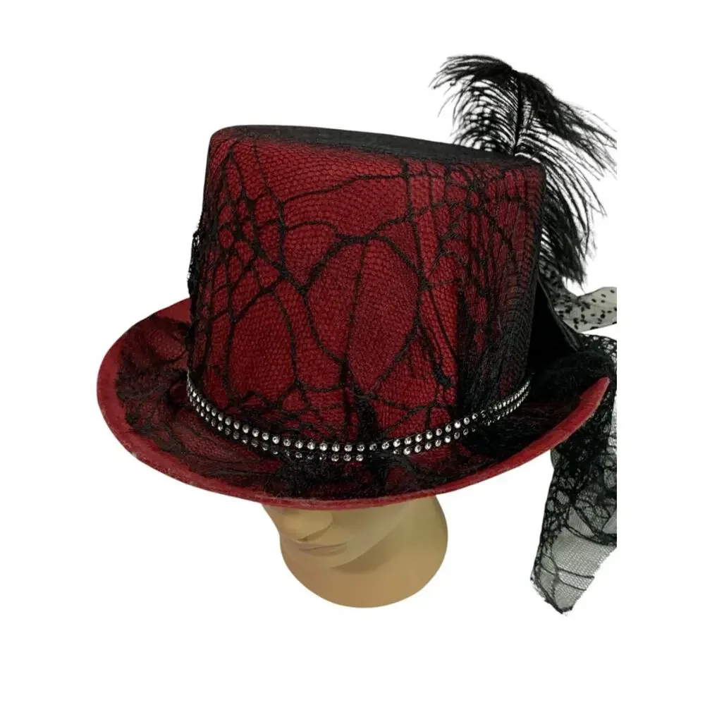 Victorian Style Top Hat Womens Red Spiderweb Veil Feather